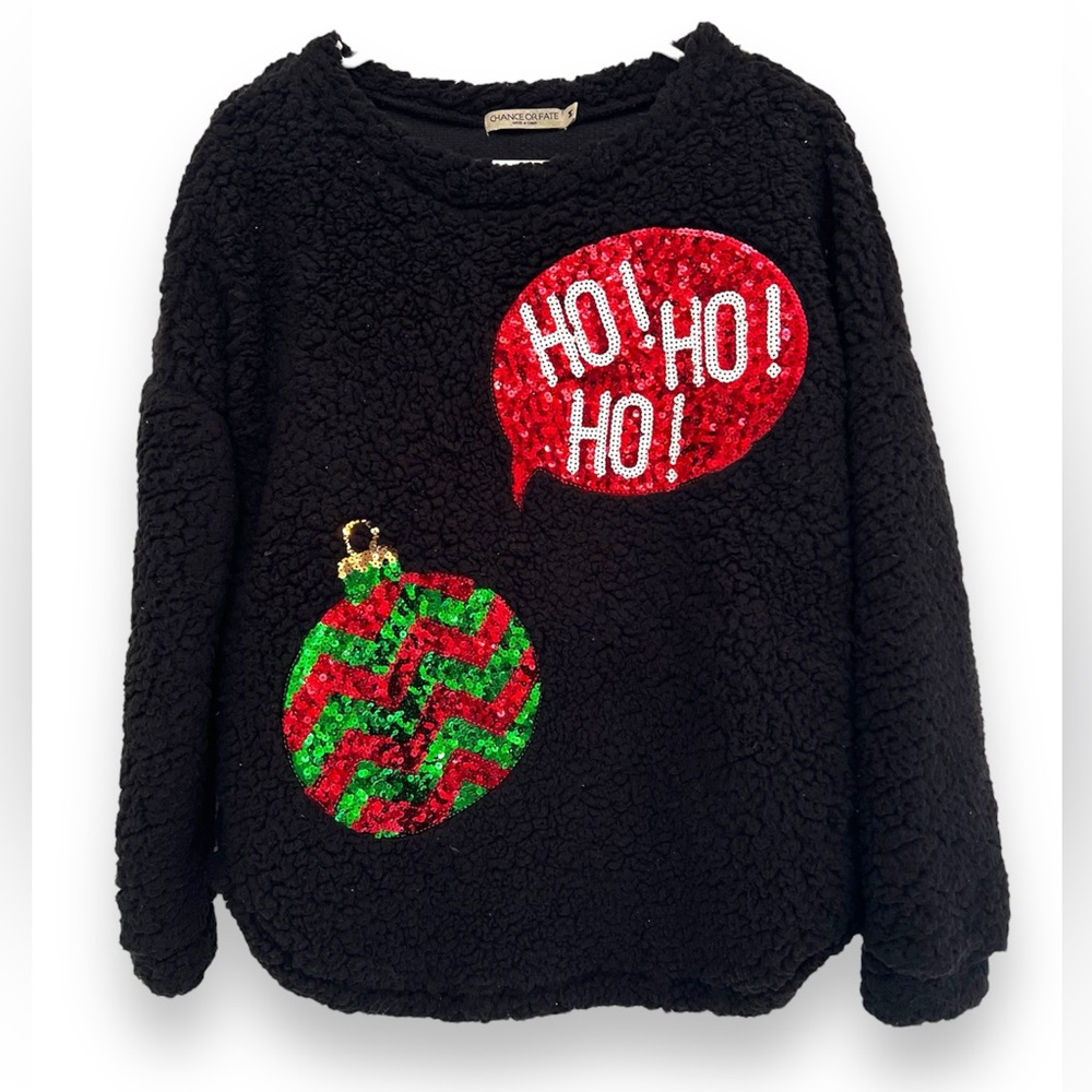 Chance or Fate Teddy Sherpa Sequin Graphic Holiday Pullover Sweater Ladies M